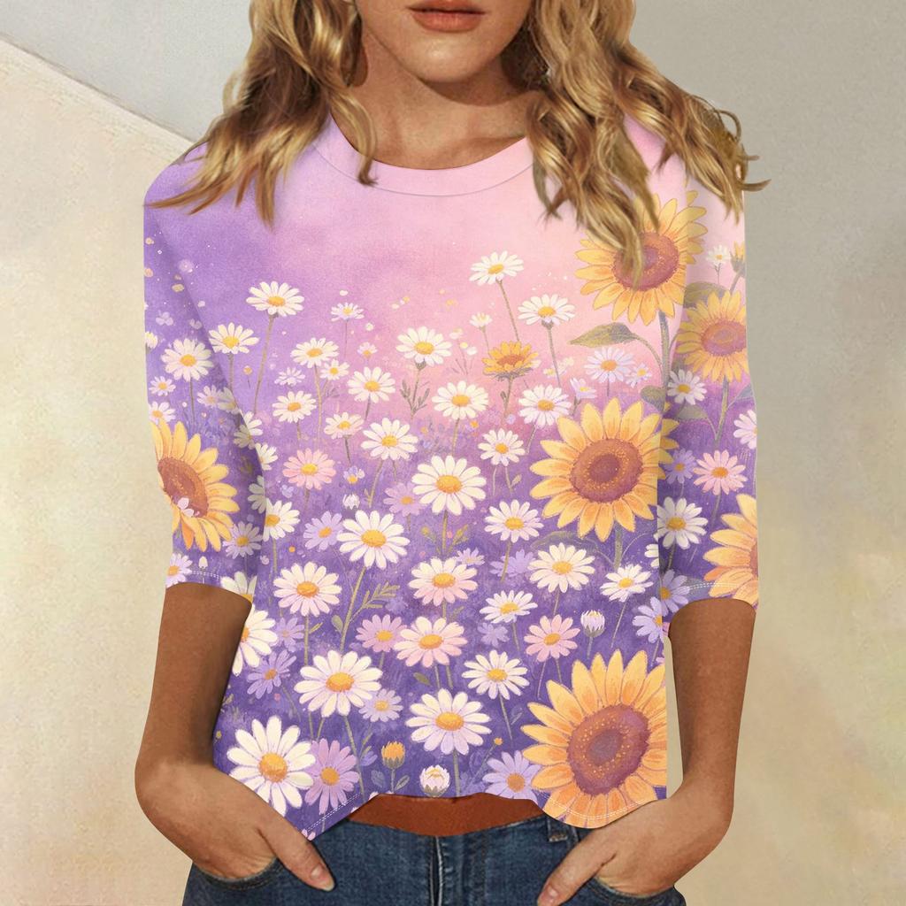 Women's Casual Floral Print Round Neck Three Quarter Sleeve Top Lightweight Comfortable Fit Suitable for Everyday Wear