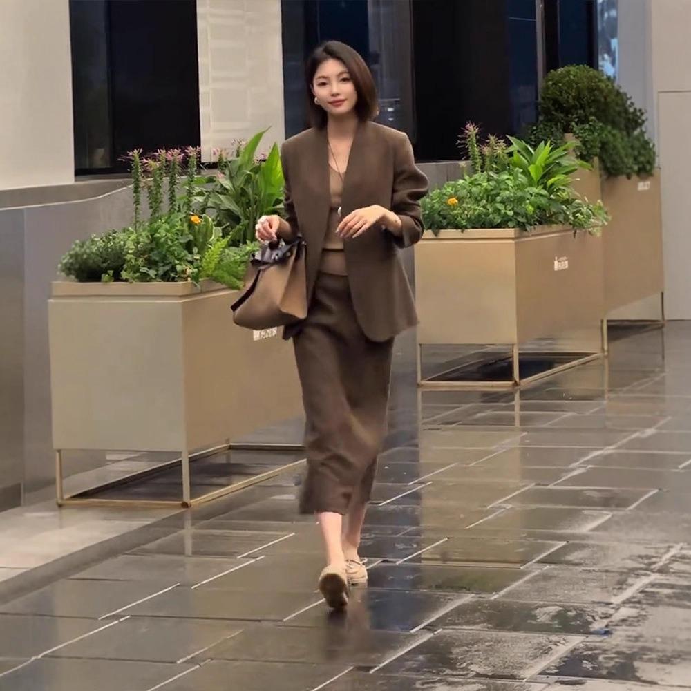 Women's Loose Fit Blazer Suit Long Sleeve Top Midi Skirt Set Elegant 2-Piece Outfit