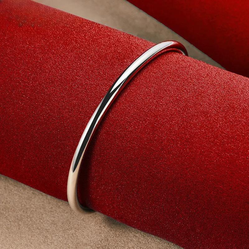 Real 925 Sterling Silver 4MM Simple Opening Bangle Bracelet for Women Men Fashion Hip Hop Punk Jewelry Wedding Gifts