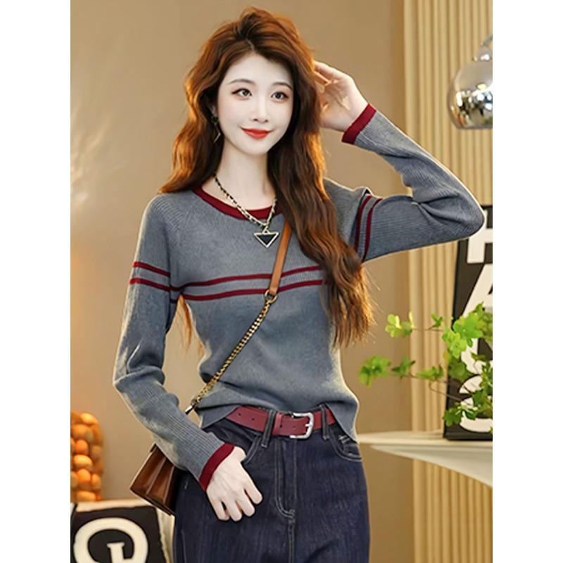 Autumn new long-sleeved slim-fitting sweater crew neck striped splicing knitted sweater women's inner lining looks thin