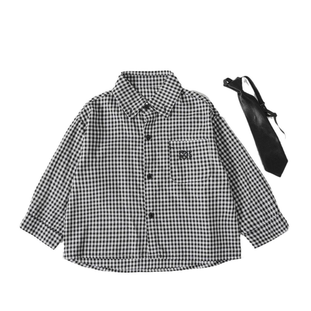 Boys' Spring 2025 Trendy Plaid Loose Shirt with Korean Tie Style