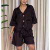 Women's 2 Piece Casual Outfit Short Sleeve Turn Down Collar Button Down Shirt and Shorts Set with Pockets