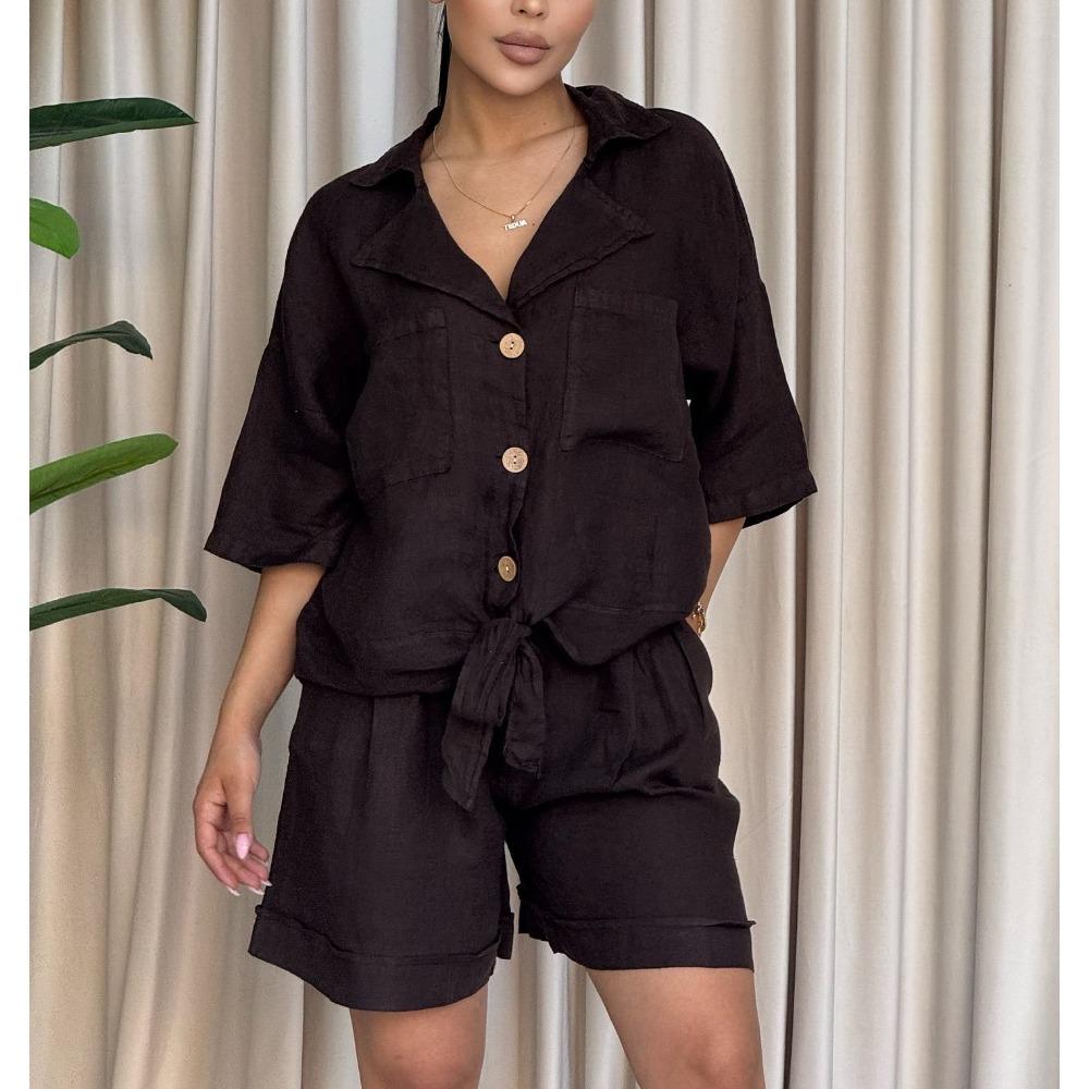 Women's 2 Piece Casual Outfit Short Sleeve Turn Down Collar Button Down Shirt and Shorts Set with Pockets