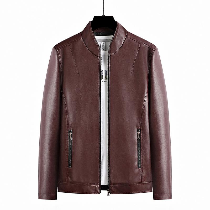 Męska modna kurtka skórzana ze stójką na wiosnę i jesień 2023 z aksamitem dla młodzieży