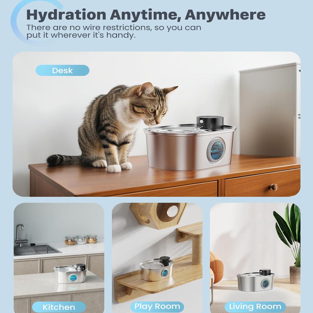 108oz/3.2L Stainless Steel Wireless Cat and Dog Drinker Rechargeable Automatic Pet Drinker Water Fountain Motion Sensor Bowl