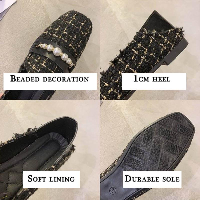 Women's Spring and Summer Square-headed Flat Shoes Korean Version Versatile Beaded Decorative Shallow Flat Heel Cloth Shoes