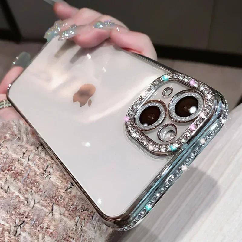 Luxury Plating Glitter Diamond Transparent Case for iPhone 17 16 13 11 12 14 15 Pro Max Plus Female Silicone Shockproof Cover