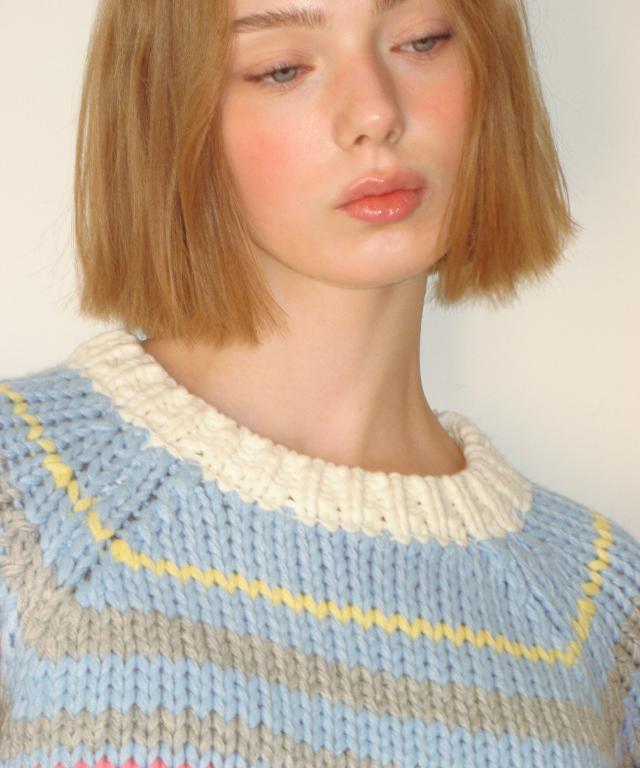 RONRON Multi Stripe Short Sleeve Knit Soft Blue