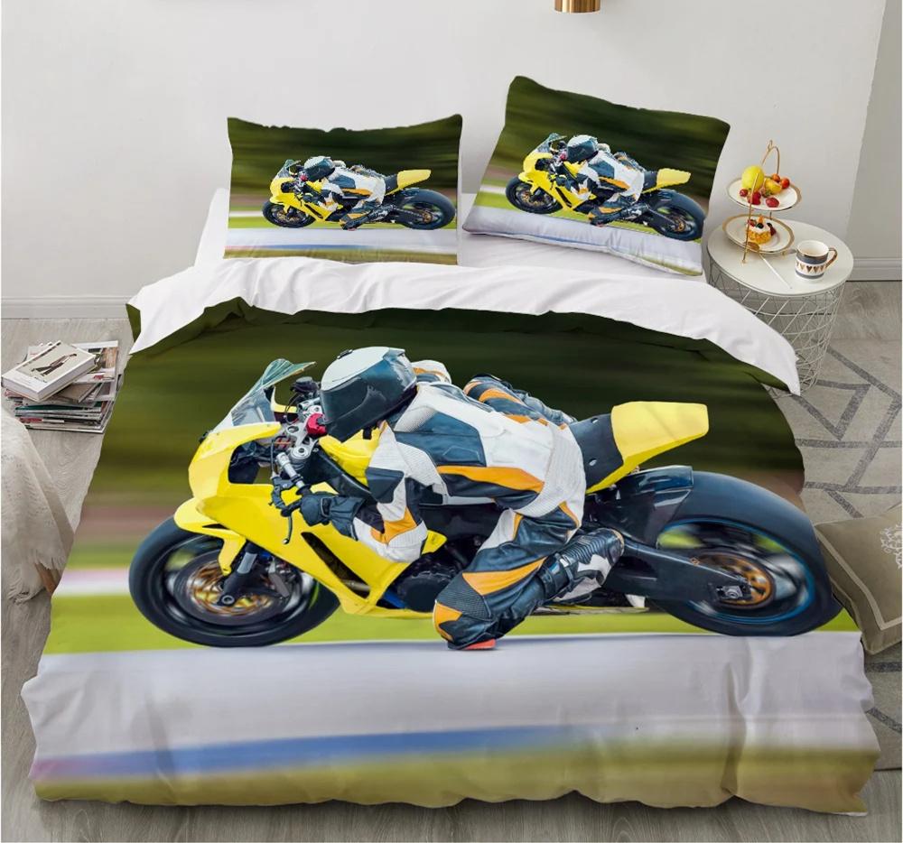 Motorrad Bettwäsche Set 3D Druck Autos Bettbezug mit Kissenbezug Motocross Tagesdecke Jungen Kinder Bettset King Size Heimtextilien
