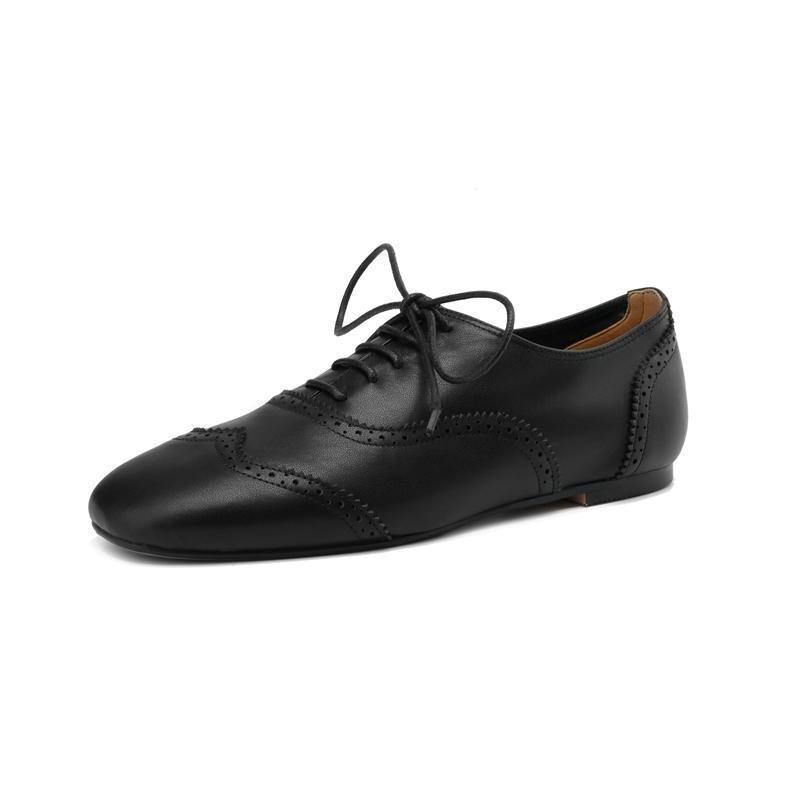 Fashion Women's New Spring and Autumn Square Headed Genuine Leather Carved Lace Up Customized Large Low Heel Blake Single Shoes