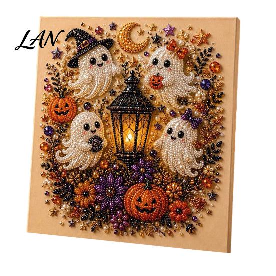Artistic Halloween Holiday Crafts Ghost Faux Pearl Art DIY Kit, Spooky 3D Bead Cool Pattern Kits Painting Crafts, Gothic Wall for Adults Beginners