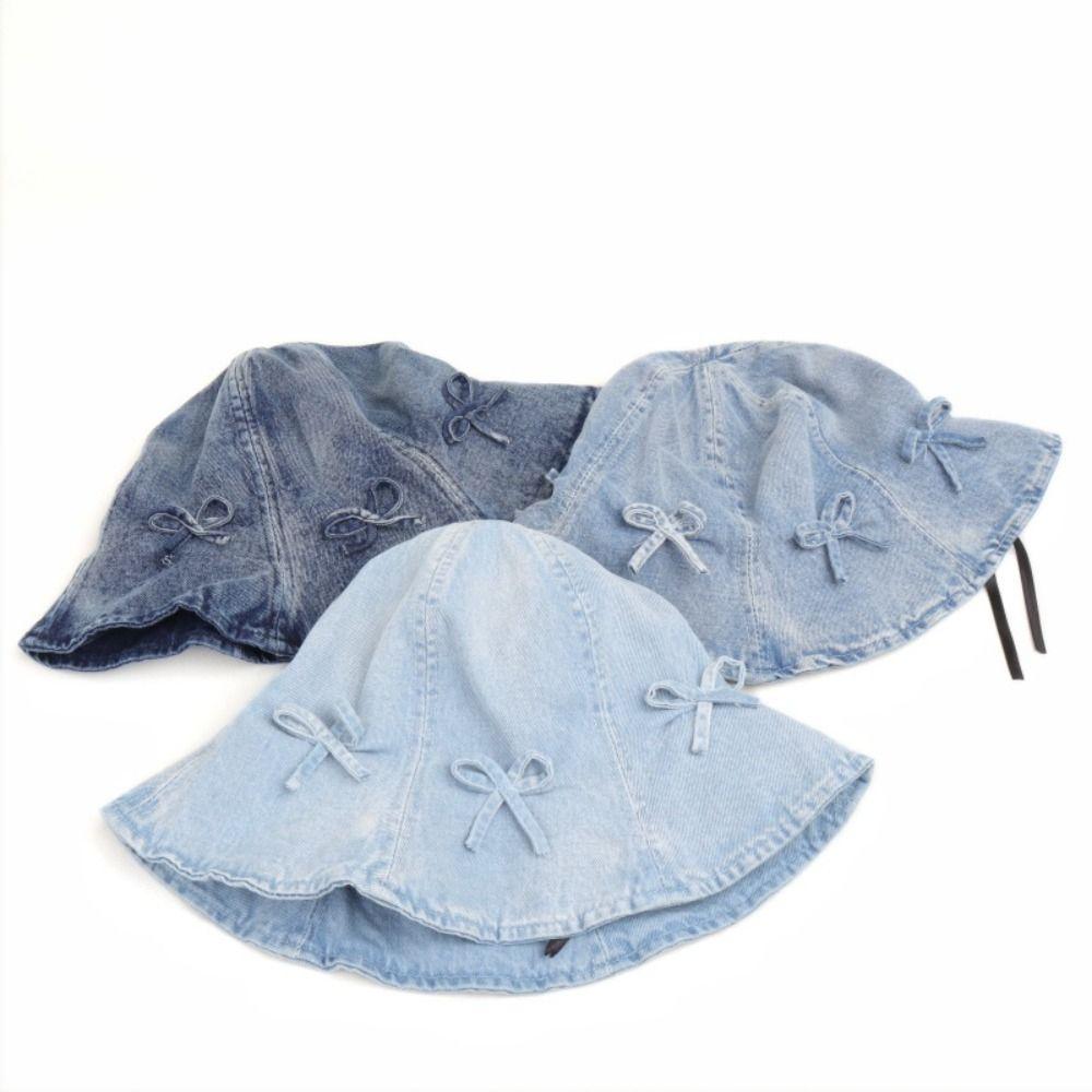 Korean Style Bow Fisherman Hat Sweet Sunscreen Hat Fashion Denim Bucket Hats  For Women