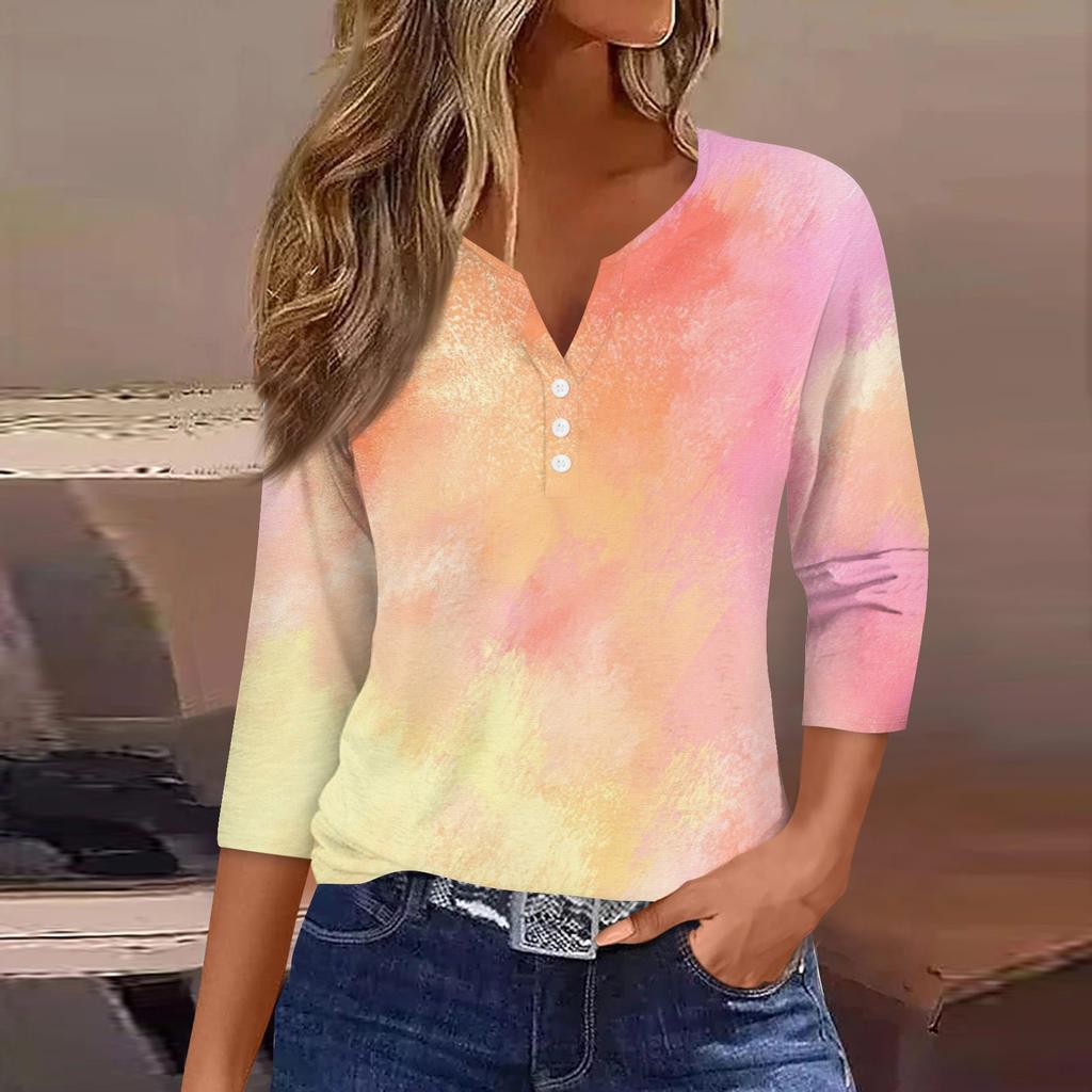 Women's T Shirt Tee Print Button 3/4 Sleeve Daily Weekend Fashion Basic V- Neck Regular Top