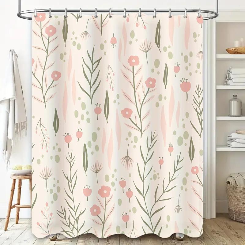 Elegant Floral Shower Curtain Pink Green Pattern for Bathroom Decor Modern Home Decoration Waterproof Fabric Shampoo Gel Storage