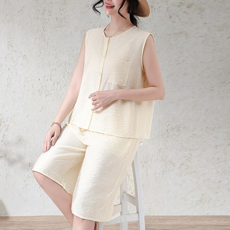 Ensemble 2 pièces pour femme grande taille en mélange de lin, Haut sans manches à boutons et Short large (XL-7XL)