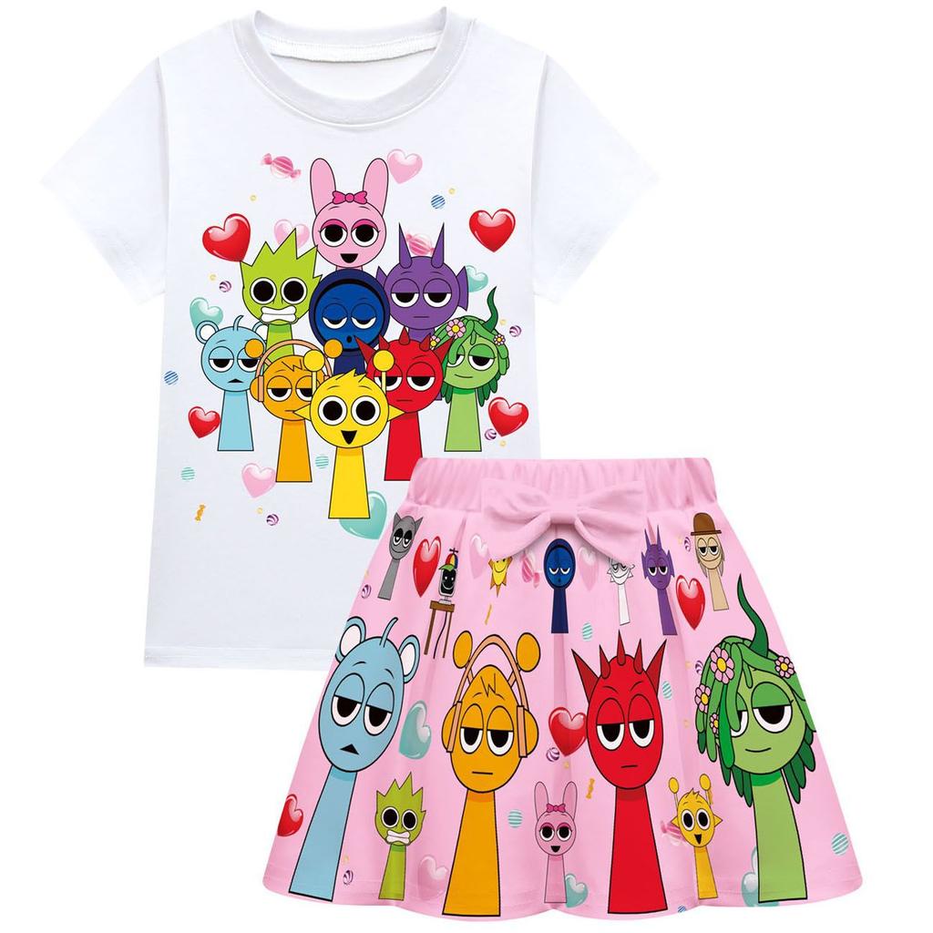 New Rhythm Box Spronki Plush Girls' Short Sleeved Pleated Skirt Fashionable Comfortable Summer Cartoon Cute Short Sleeved Printed Set