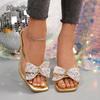 Luxury Gold Glitter Bowknot Decoration Slippers Women Mesh Strap Sandals Women 2026 Summer Sexy High Heels Party Dress Shoes
