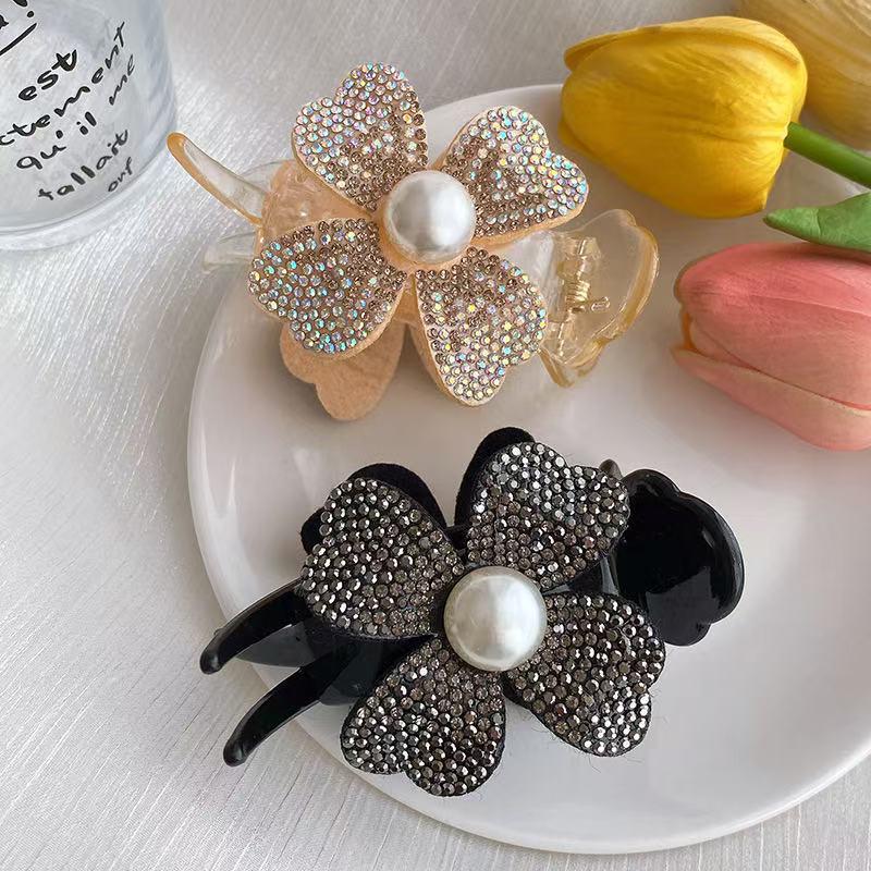 Rhinestone Pearl Four-Leaf Clover Hair Clip for Women - Elegant Flower Bun and Ponytail Accessory