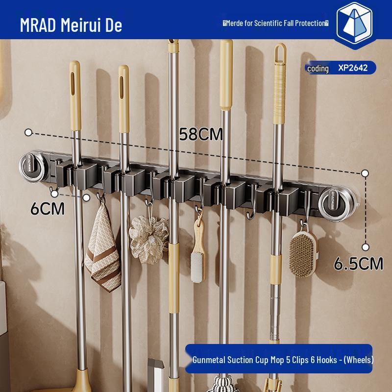 Movable Suction Cup Mop Clip Wall-Mount Storage Rack