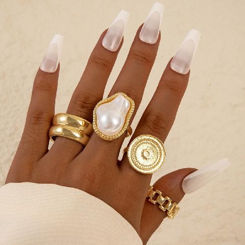 Design Geometric Baroque Pearl Ring Alloy Flower Dripping Branch Ring Set