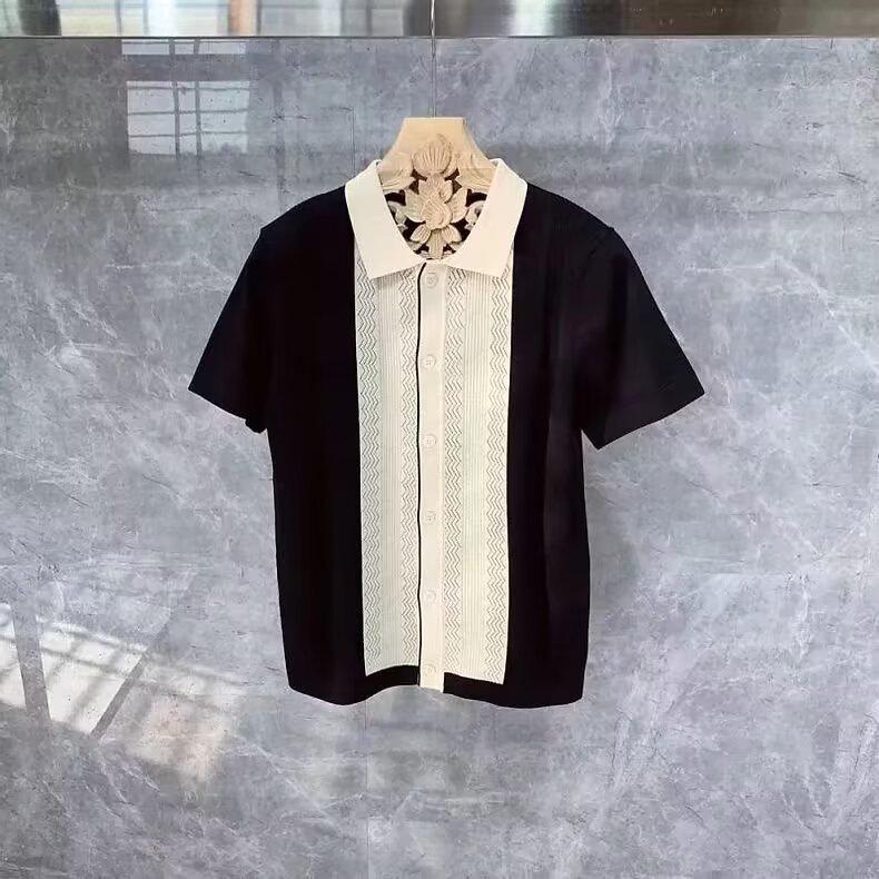 

Мужская полосатая рубашка поло в британском стиле — короткий рукав, трикотаж Ice Silk, дышащая, футболка с цветными лацканами XL чёрный