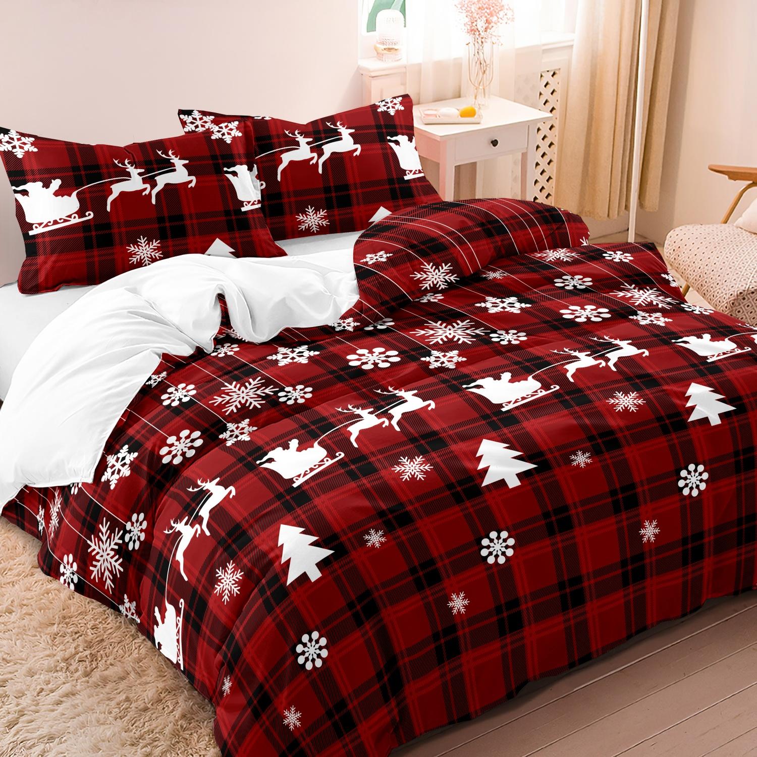 

3pcs Down Elk Snowflake Christmas Theme Square Grid Quilt Cover Set Soft Microfiber Checkered Bedding Bedroom Decor EU Single-135x200cm