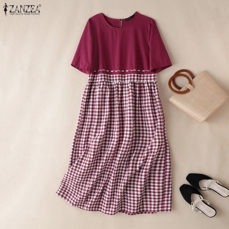 ZANZEA Women Casual Round Neck Short Sleeve Grid Print Patchwork Dress