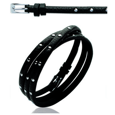 [I8064] - Silver Black 'Peaceful' Leather Steel Bracelet - 5 Mm