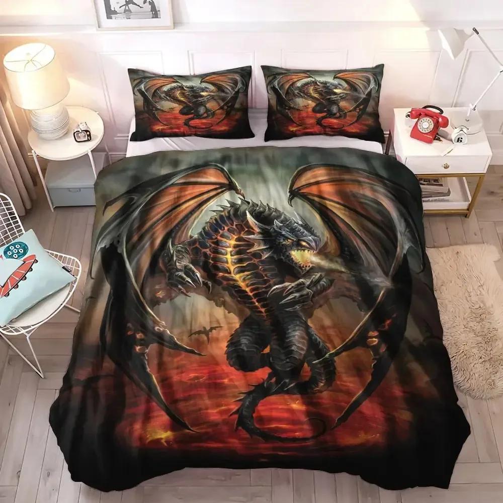 Dragon and Phoenix Duvet Cover Set Full Queen Size, Fantasy World Monster Gothic Bedding Sets Bohemian Mandala Comforter Cover