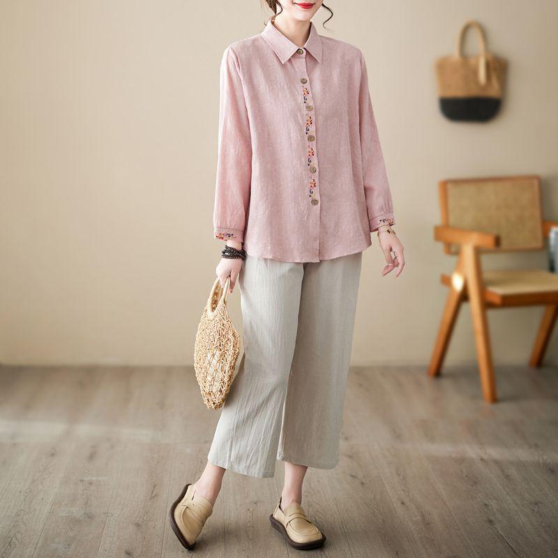 Chic Embroidered Cotton Linen Plus Size Summer Suit for Women - Short Sleeve Two-Piece Set