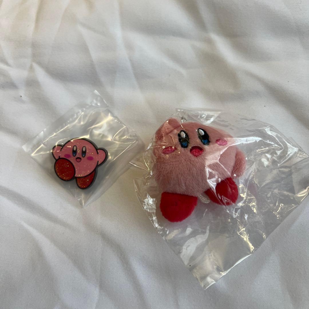 Kirby stuffed animal charm and glitter pin badge