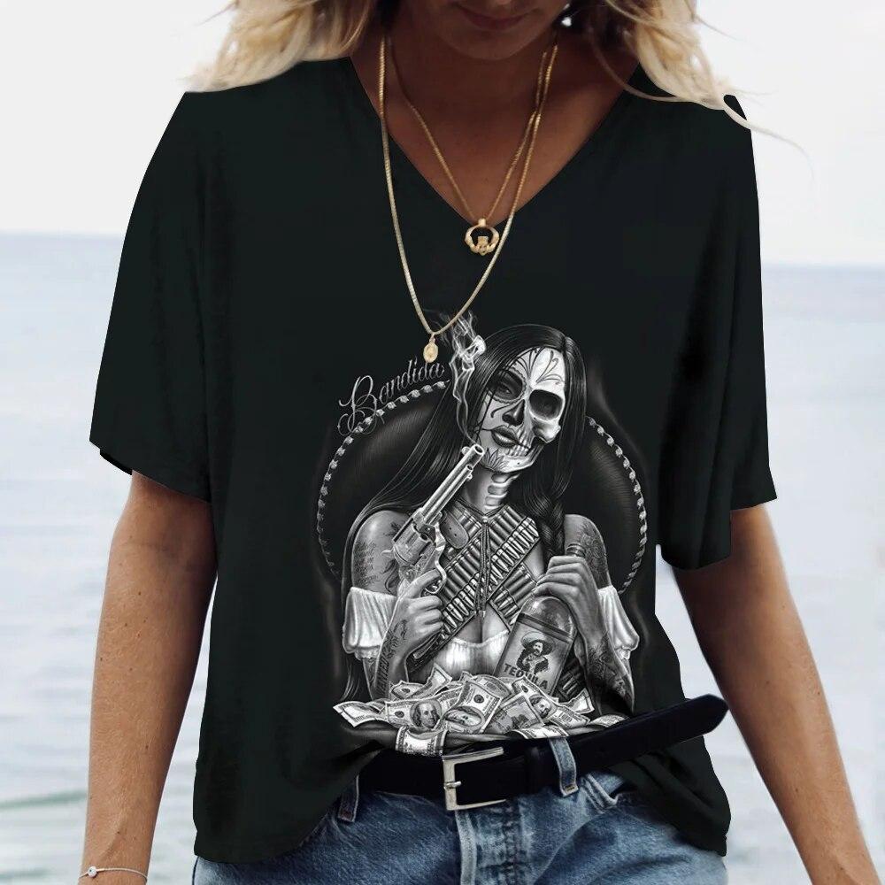 Nová dámská trička Skull Beauty Print Harajuku Y2k Streetwear Day of the Dead Oblečení Topy Dámské Oblečení nadměrné velikosti Letní 6xl