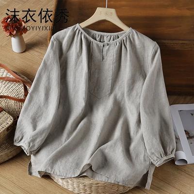 Retro Literary New National Cotton Linen Top Summer Loose Fashion Long Sleeve Solid Temperament Shirt