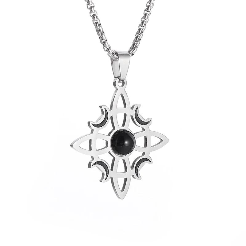 Witch Knot Natural Stone Moon Pendant Necklace Irish Celtic Knot Lucky Jewelry for Men Women Stainless Steel