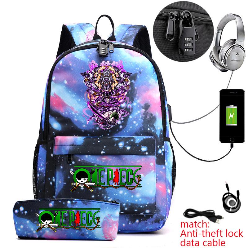 One Piece Zoro Print Anti Theft School Backpack Student Bookbag with Pen Case for Kids Teens