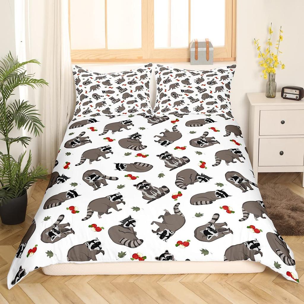 Waschbär Bettwäsche-Set für Jungen Kinder Mädchen Niedlicher Cartoon Wildtiere Bettbezug Liebevolle Tiere Bettdeckenbezug Polyester Steppdeckenbezug
