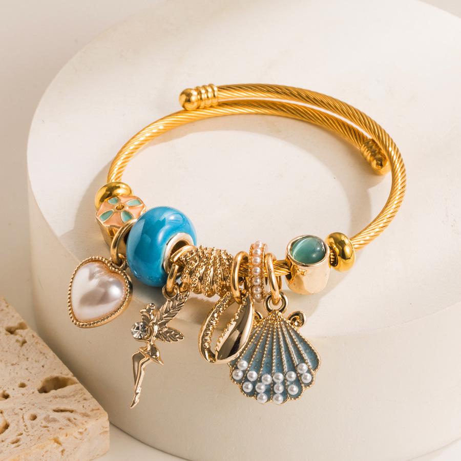Adjustable Gold Alloy Bracelet with Pearl & Seashell Charms