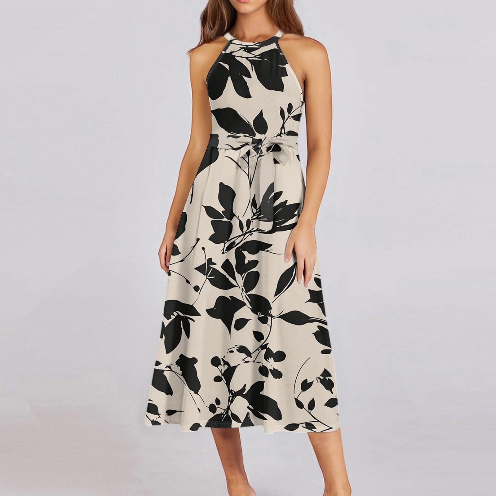 

Жіноча повсякденна сукня міді з круглим вирізом Базова класична повсякденна сукня без рукавів у стилі бохо на краватці Літній пляжний сарафан M хакі