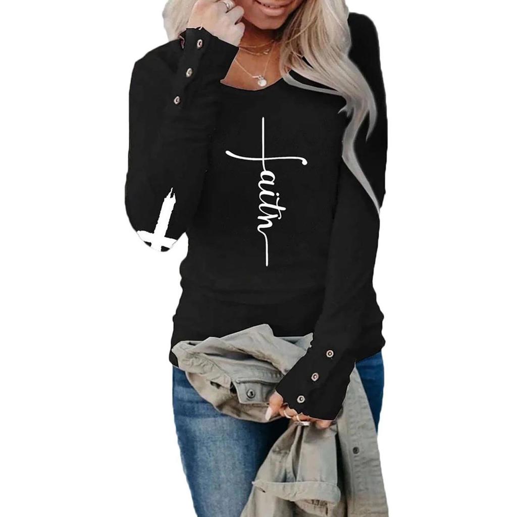 Tshirts For Women Long Sleeve,Round Sleeve Vertical Cross Casual Graphic Shirt,