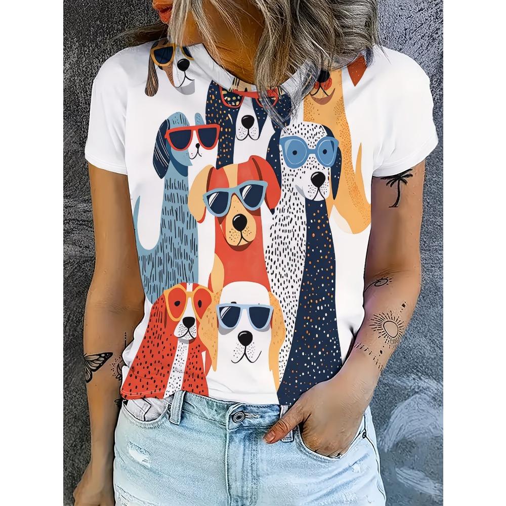 

Lady Cute T-shirts Crew Neck Short Sleeve Cartoon Dog Print T Shirt Women s Outfits Casual Daily Wear XXS