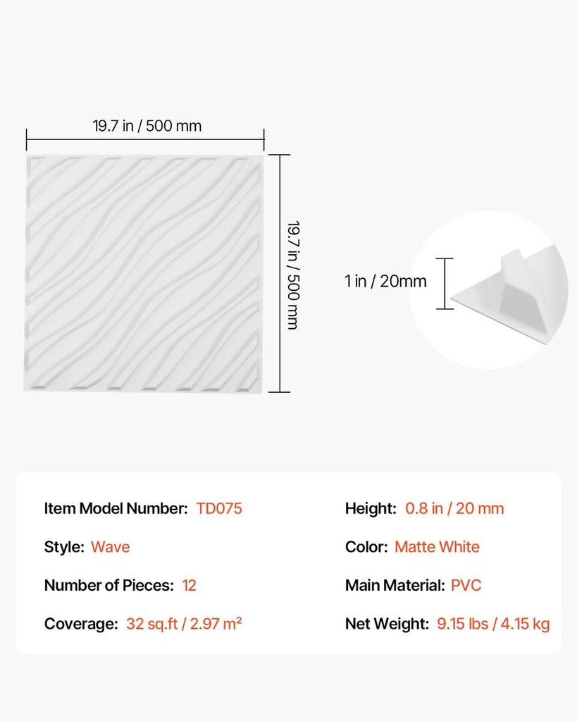 3D Wall Panels 12-Pack 19.7x19.7'' PVC 32 Sq.Ft Coverage Wave Matte White