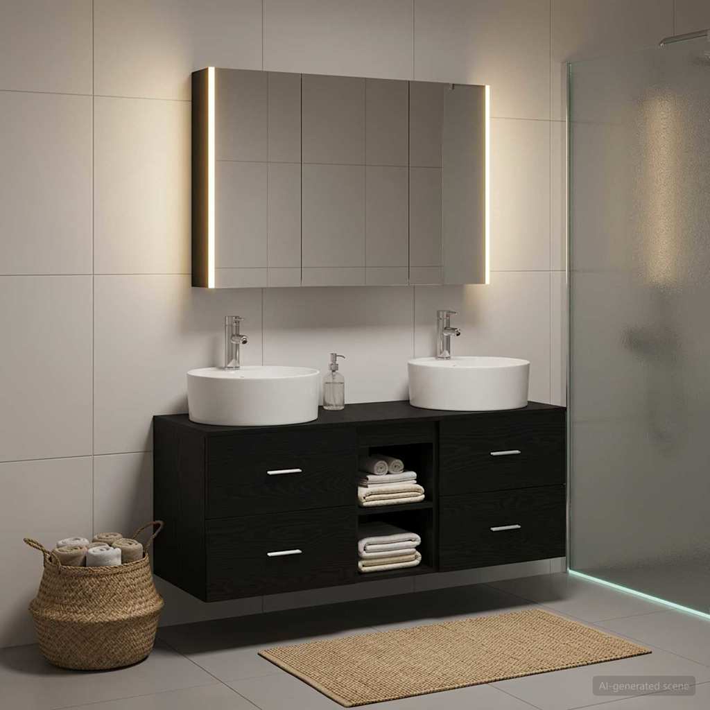 Bathroom Furniture Set 4 Pcs Black Oak Engineered Wood and Glass