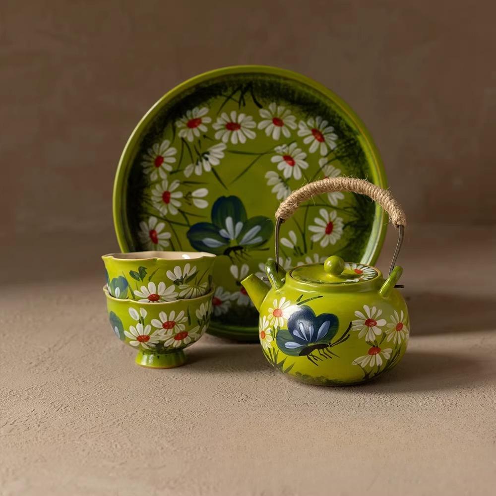 

Vintage Hand-Painted Ceramic Tea Cup and Pot Set of 4, Retro Floral Daisy Coffee Cup, Handmade Art Green Teacup for Home Office Daisy butterfly style [complete set]