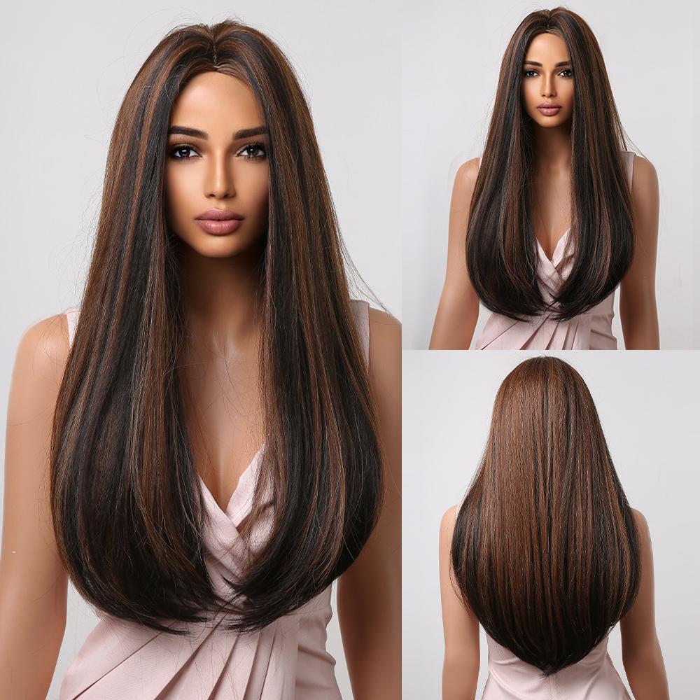 Long Straight Synthetic Wig with Bangs Dark Black Gray Hair Wigs for Women Cosplay Natural Hair Heat Resistant Layered Wigs