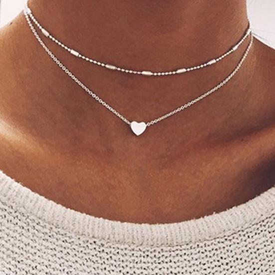 2Pcs/Set Necklace Exquisite Double Layers Alloy Heart Love Ball Chain for Dating
