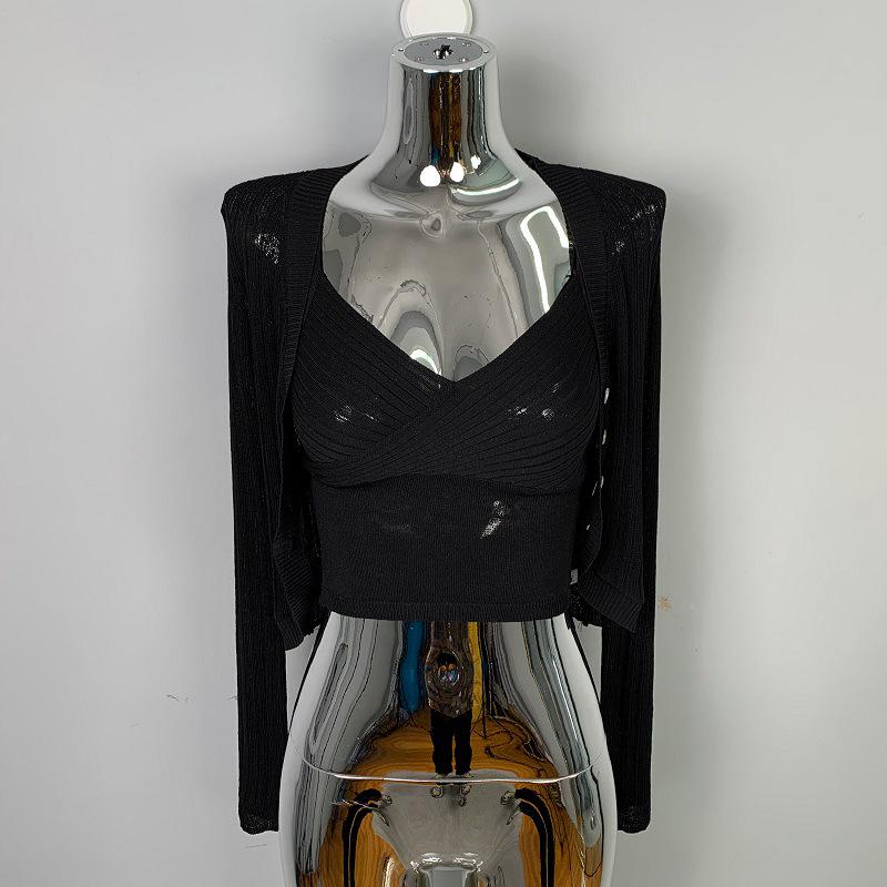 Korean Dongdaemun Fashion V-neck Knitted Camisole & Short Cardigan Set for Women