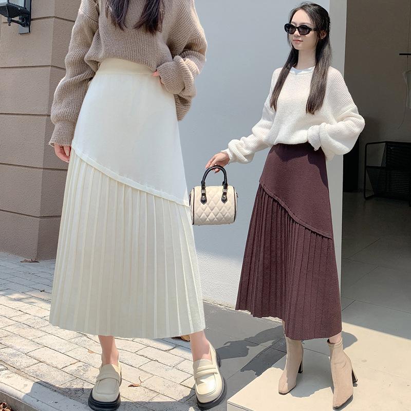 Black Knit Skirt Female Autumn and Winter High Waist A-line Skirt Long Slim Irregular Pleated Skirt