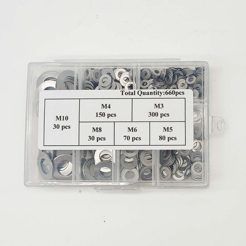 660-Piece Boxed Set of 304 Stainless Steel Waterproof Flat Washers (M3-M10)