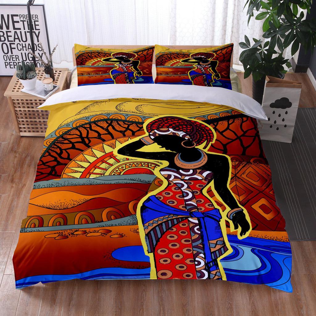 African Woman Bedding Set Ethnic Afro Duvet Cover Microfiber African American Comforter Set 3 Pieces Orange Ancient Desert Full