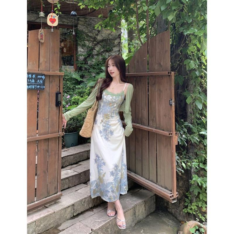 Vestido estilo Pure Desire com costura de renda estampado estilo sling vestido feminino verão novo estilo francês elegante elegante elegante slim look vestido longo moderno